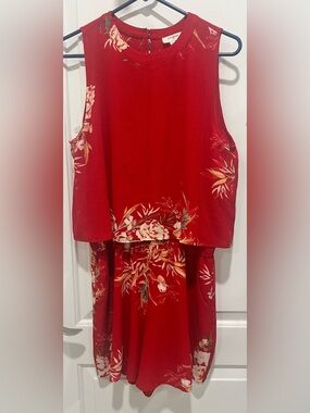 Umgee Red Floral jumpsuit shorts with Cream Botanical Print